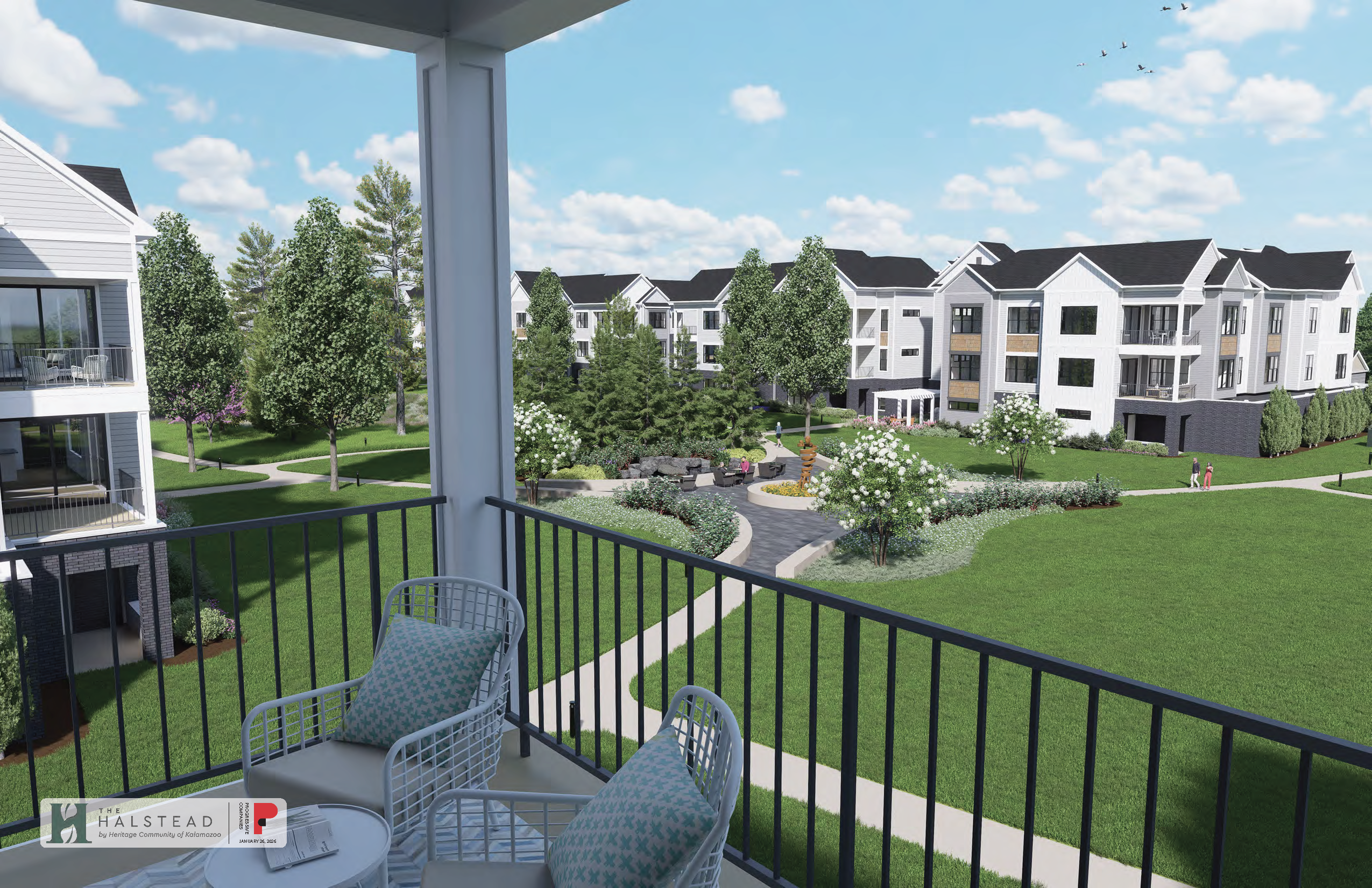 Retirees_and_soon-to-be_retirees rendering of a balcony view of the courtyards at The Halstead