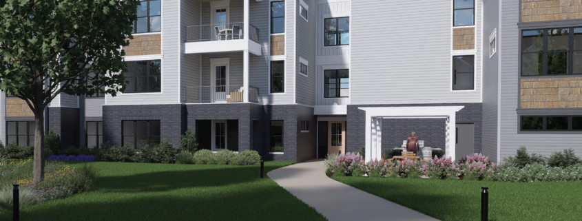 Outdoor image showing walking paths and buildings of The Halstead's future community.