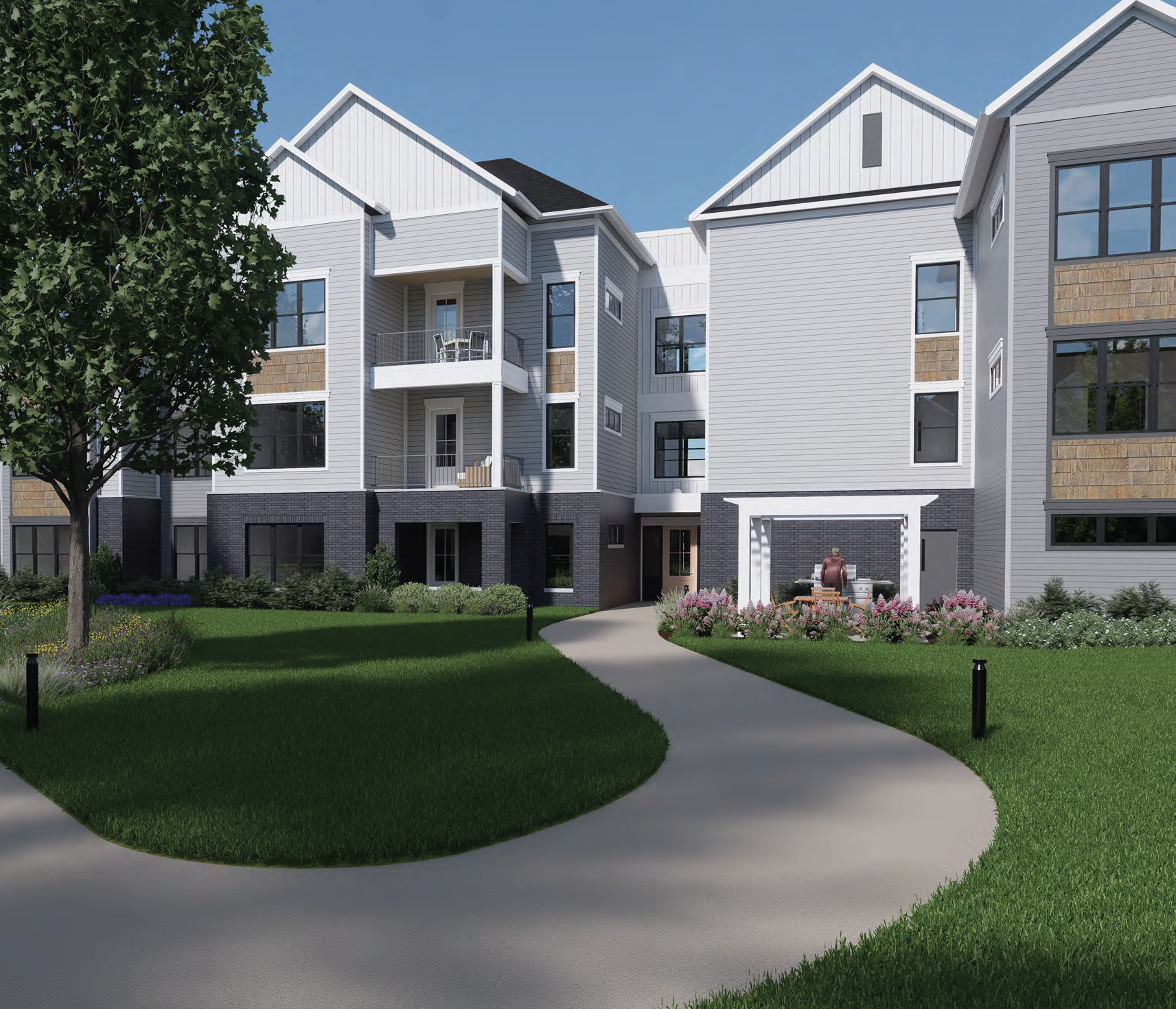 Outdoor image showing walking paths and buildings of The Halstead's future community.