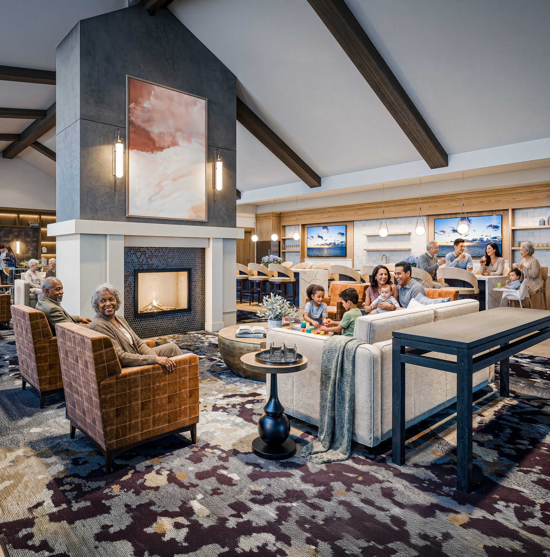 a rendition of the Heritage Clubhouse completely furnished with couches tables and a fireplace