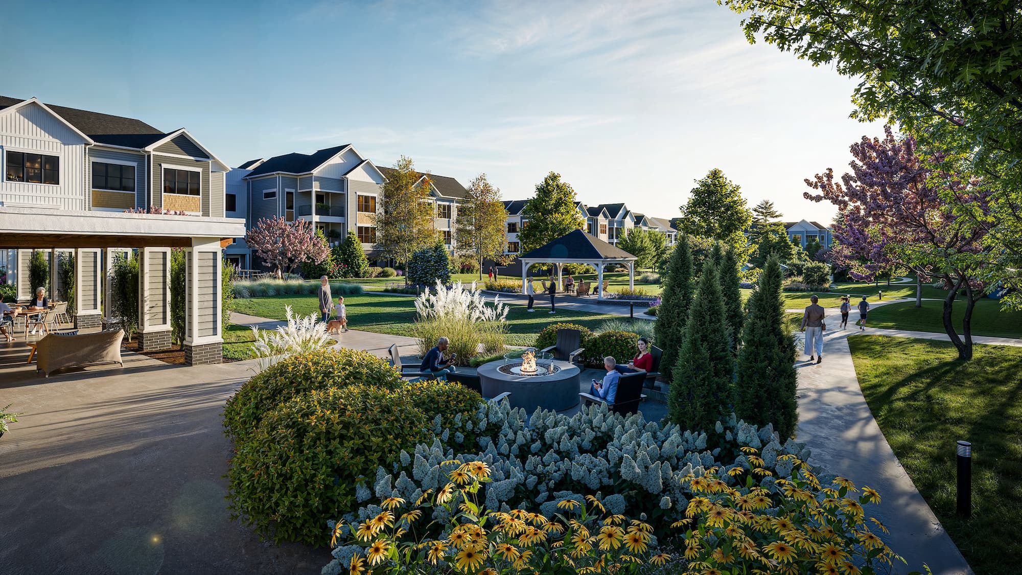 a rendering of the community gardens and the exterior of each individual townhome building