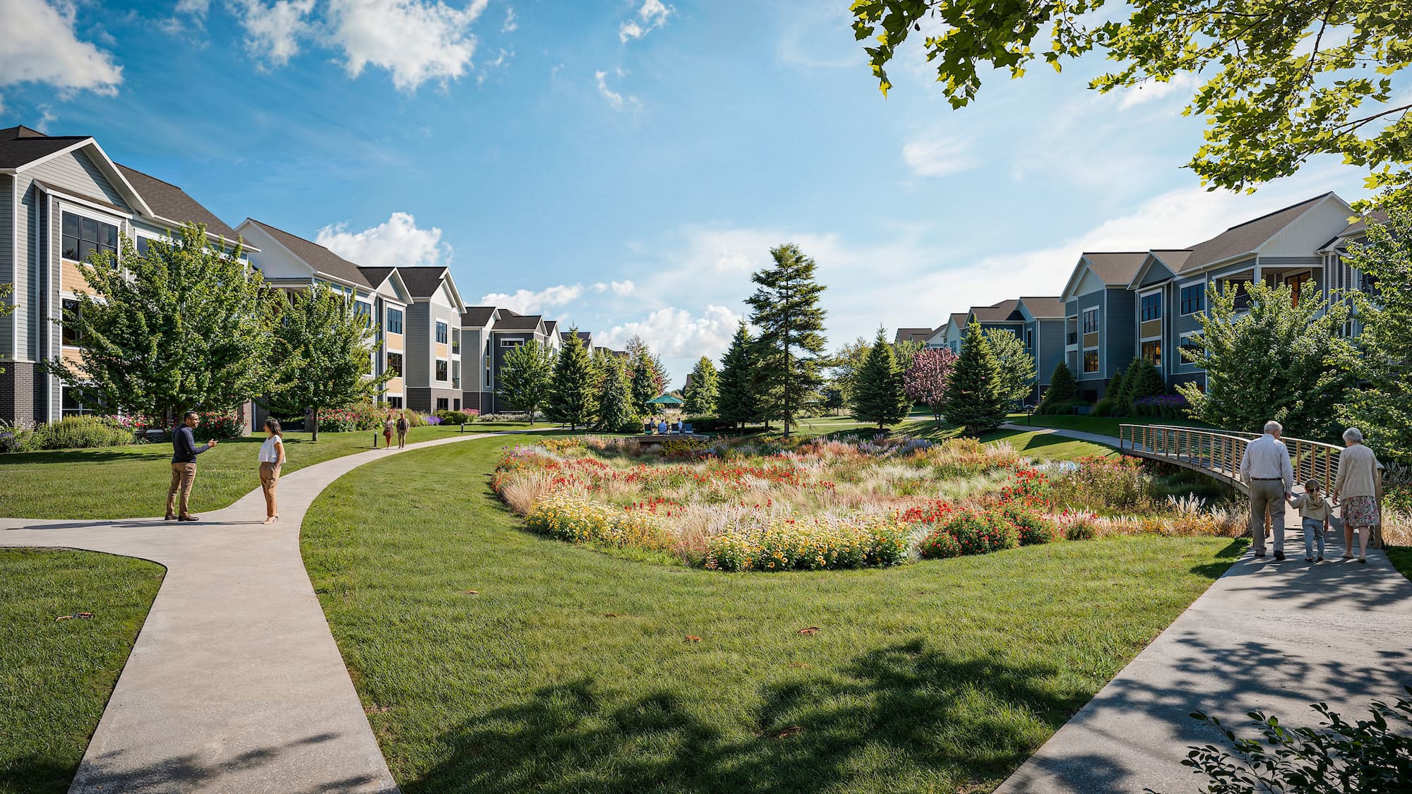 a rendering of the outdoor grounds, walking paths, and beautiful lawns