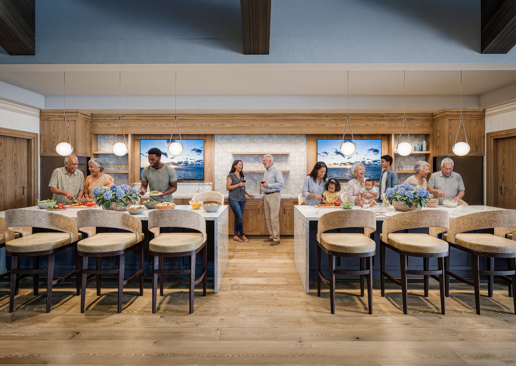 a rendering of the kitchen on-site with multiple residents receiving a meal