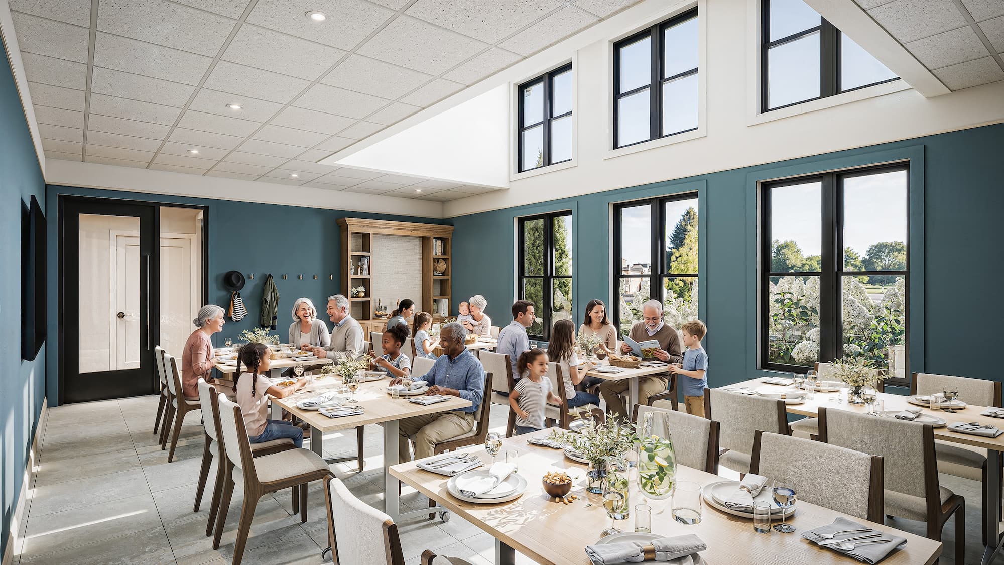 a rendering of the multi-purpose room utilized for a dining event