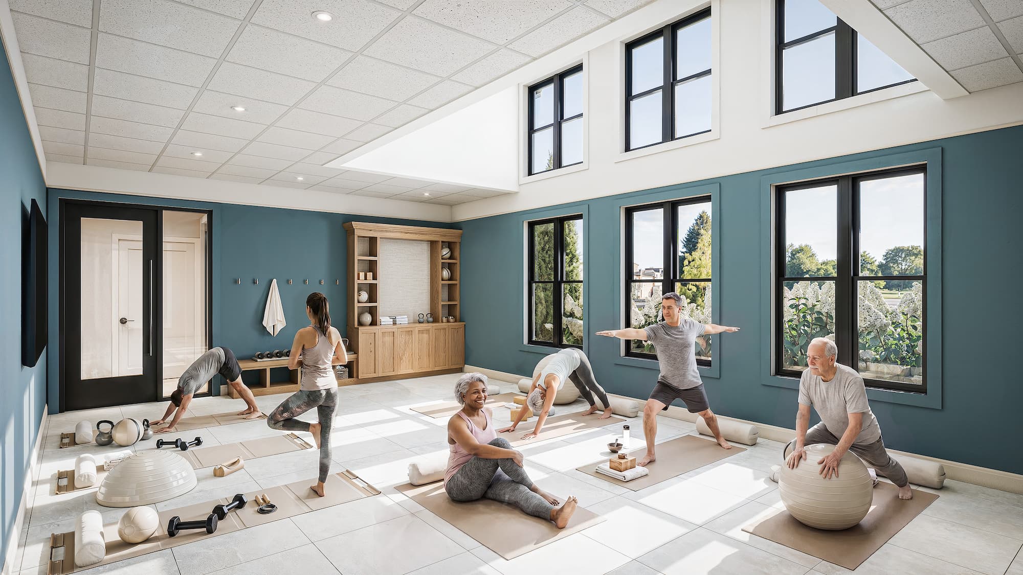 a rendering of the mult-purpose room utilized for a yoga class