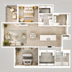 Top-down floor plan of The Willow residence with two bedrooms, two bathrooms, walk-in closets, an open kitchen with island, dining area, living room and private balcony.