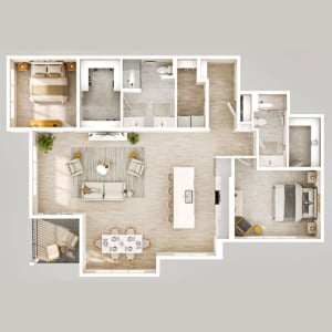 Top-down floor plan of The Birch residence featuring two bedrooms, two bathrooms, walk-in closets, an open kitchen with island, dining area, living room and private balcony.