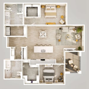 Top-down floor plan of The Hickory residence with two bedrooms, two bathrooms, walk-in closets, an open-concept kitchen, dining and living area and a private balcony.
