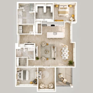 Top-down floor plan of The Spruce residence featuring two bedrooms, multiple bathrooms, walk-in closets, an open kitchen with island, dining and living area, additional sitting or study room and private balcony.