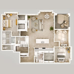 Top-down floor plan of The Juniper residence with two bedrooms, multiple bathrooms, walk-in closets, an open kitchen with island, dining and living area, separate study or sitting room and private balcony.