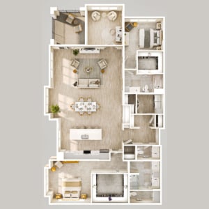 Top-down floor plan of The Aspen residence featuring two bedrooms, multiple bathrooms, walk-in closets, a spacious open kitchen with island, dining and living area, separate study or sitting room and private balcony.