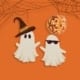 Graphic of two ghosts with a witch hat and sunglasses posing under an orange disco ball and cobwebs.
