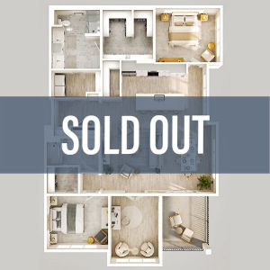 The Spruce Sold Out (1) Top-down floor plan of The Spruce residence featuring two bedrooms, multiple bathrooms, walk-in closets, an open kitchen with island, dining and living area, additional sitting or study room and private balcony. Currently Sold Out.