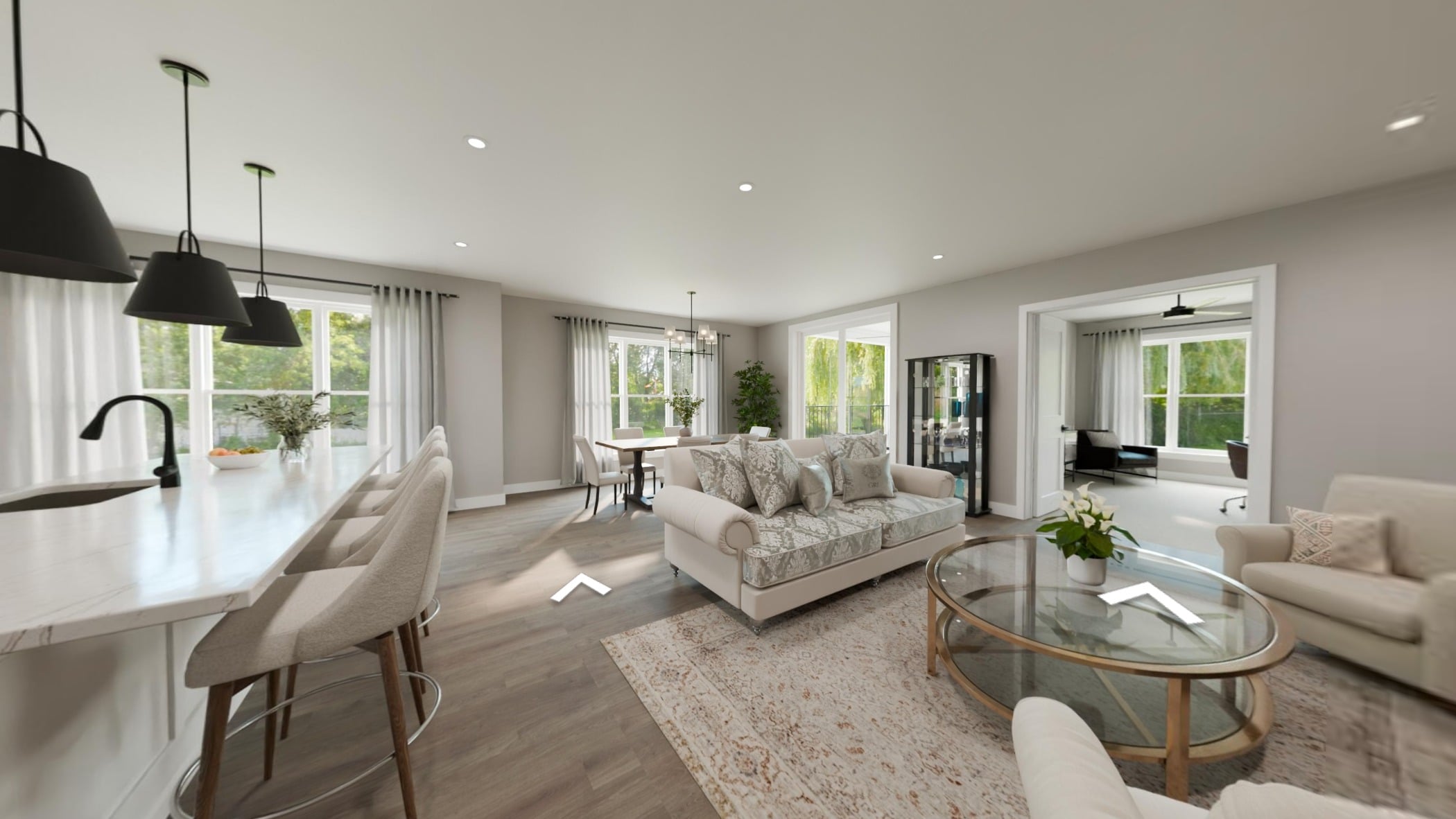 _living_room a rendering of the living room and kitchen available at one of the homes at the Halstead
